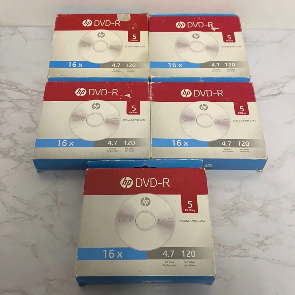 HP DVD-R 5 pk set if 5 boxes 16x 4.7 GB 120 min disks